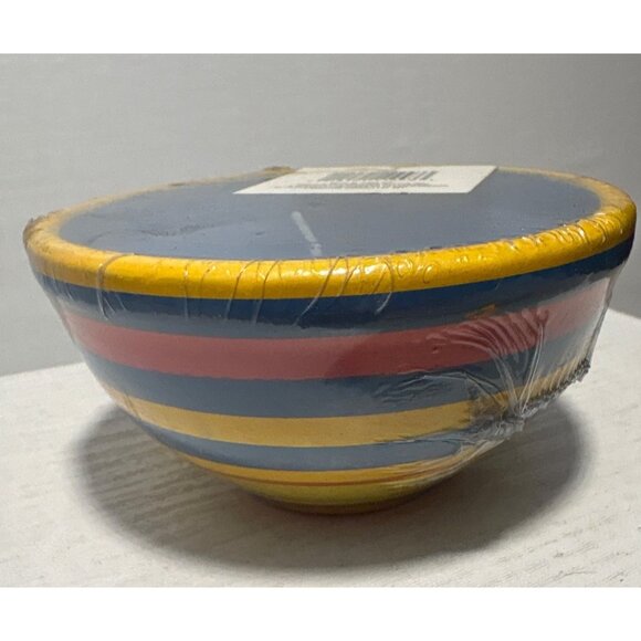 Hand-Painted Striped Ceramic Bowl Candle With Blue Wax 3" Height - Picture 2 of 7